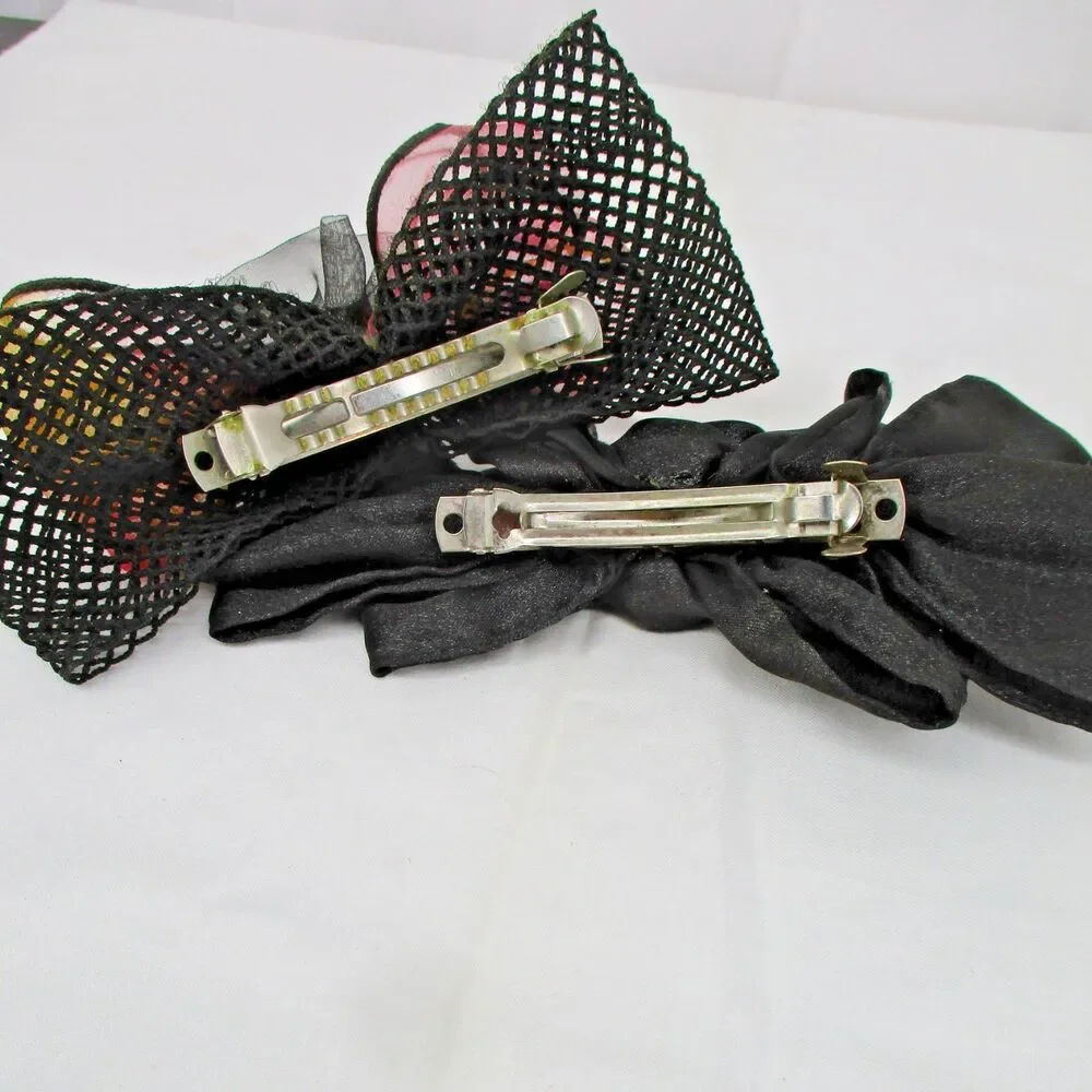 2 Vintage 80s 90s Big Hair Bows Black Fishnet Bling Ribbon Barrette Clip